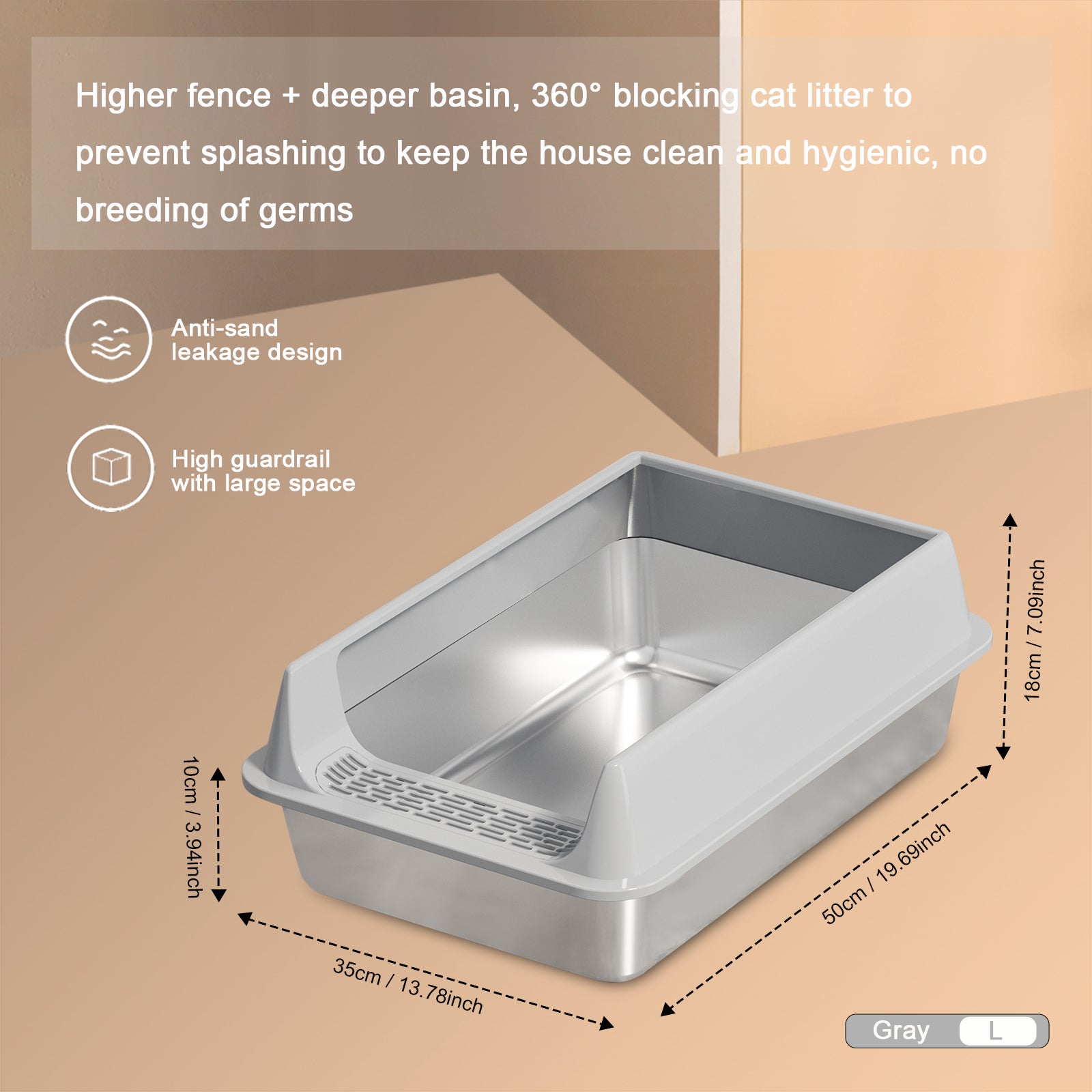 Cat Litter Box Oversized Stainless Steel - Semi-Enclosed Splash-Proof