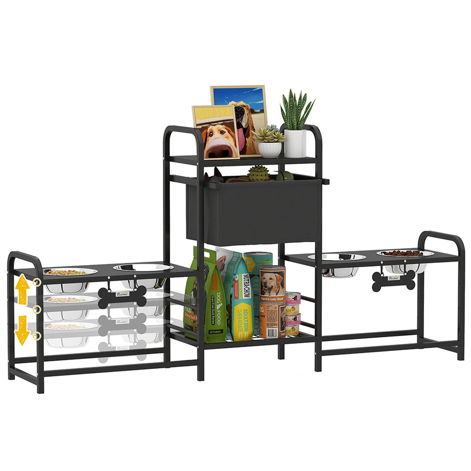 Dog Bowl Stand Dual Station - 4 Bowls 3 Heights Storage Bin