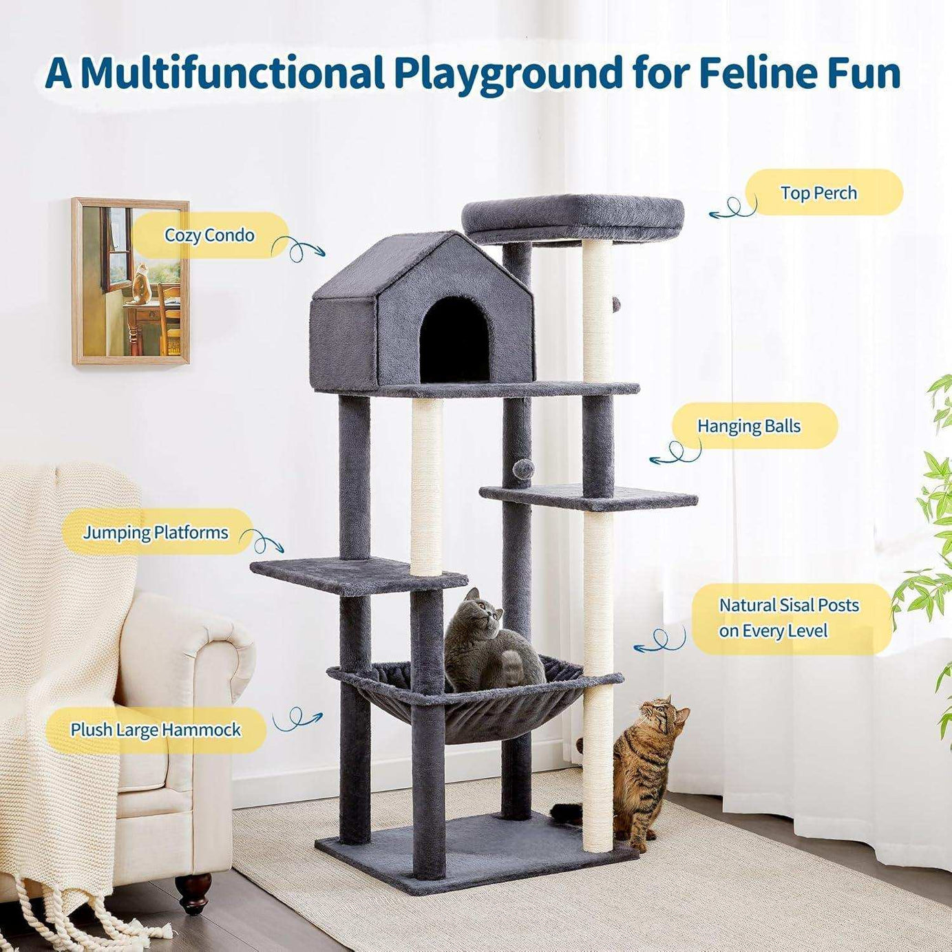 60 Inch Multi-Level Cat Tree For Indoor Cats With Plush Hammock