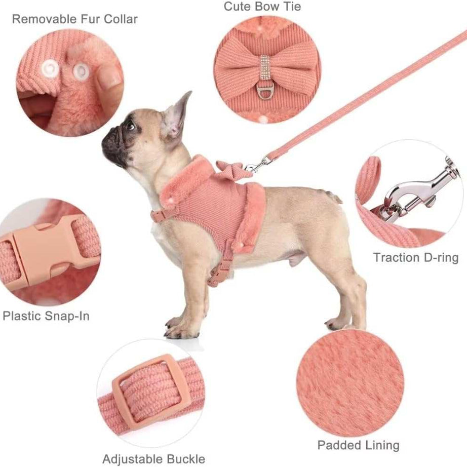 Warm Fur Collar Soft Padded Small Girl Pet Harness and Leash Set with Bow Tie