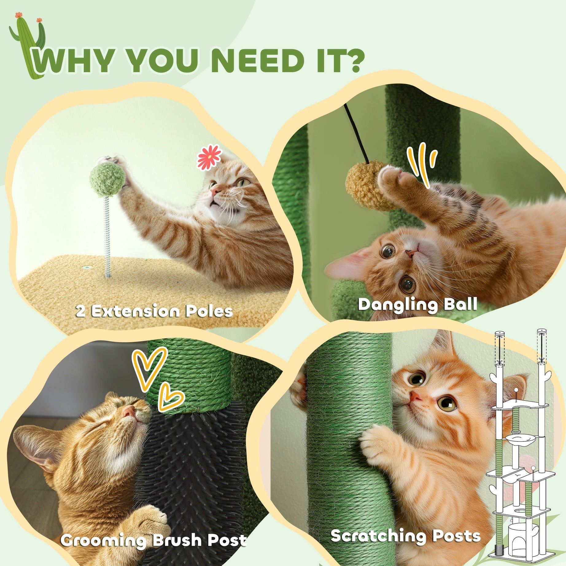 Cat Tree Floor to Ceiling 89-100 Inch - Condo Hammock Grooming Post