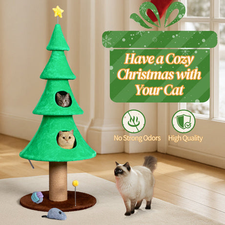 Christmas Tree Cat Tower - 59in Tall with Condos & Scratching Post