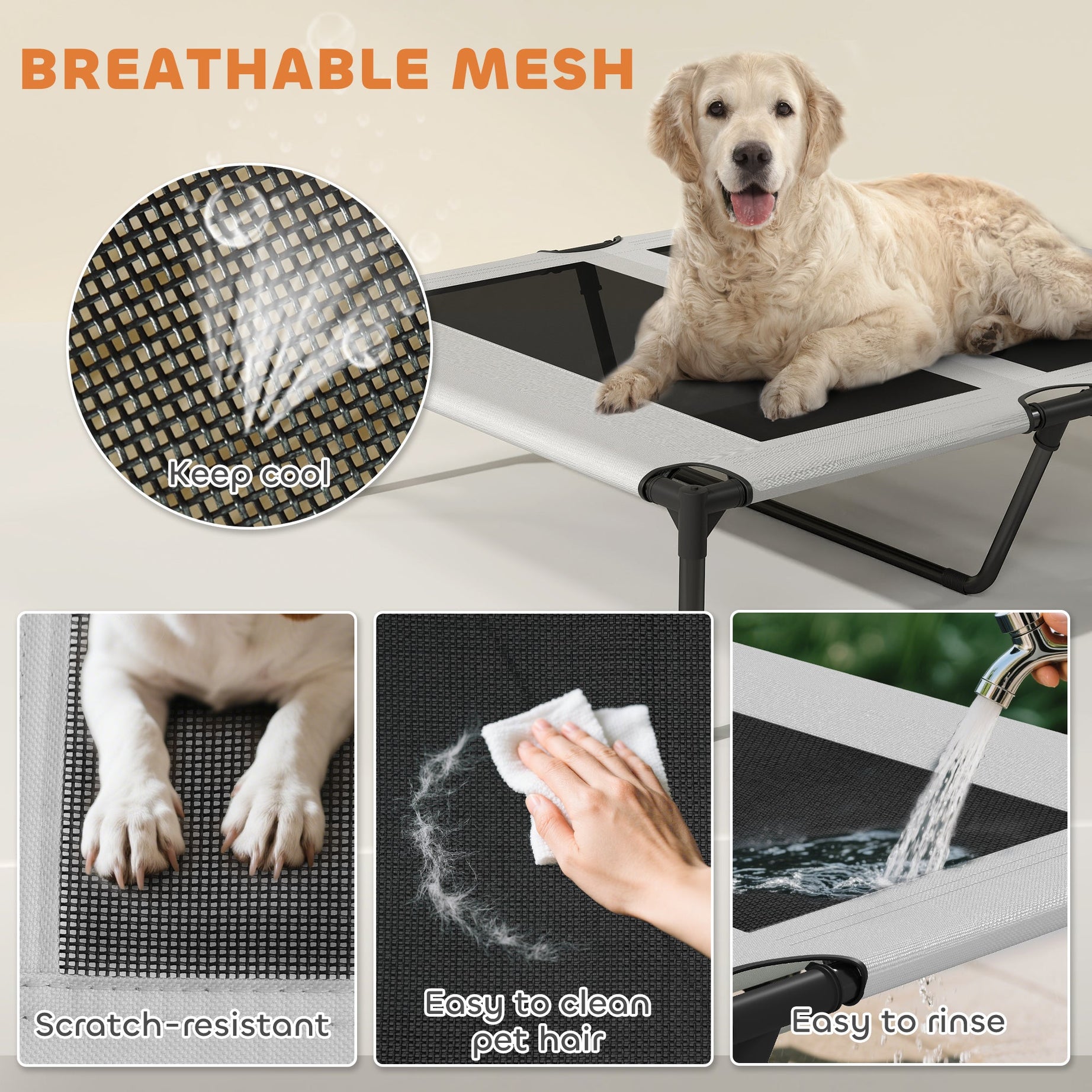 Elevated Dog Bed with Removable Canopy, Portable Outside Raised Pet Cot with Cooling Pad, Storage Bag, 36" x 29.5" x 35"