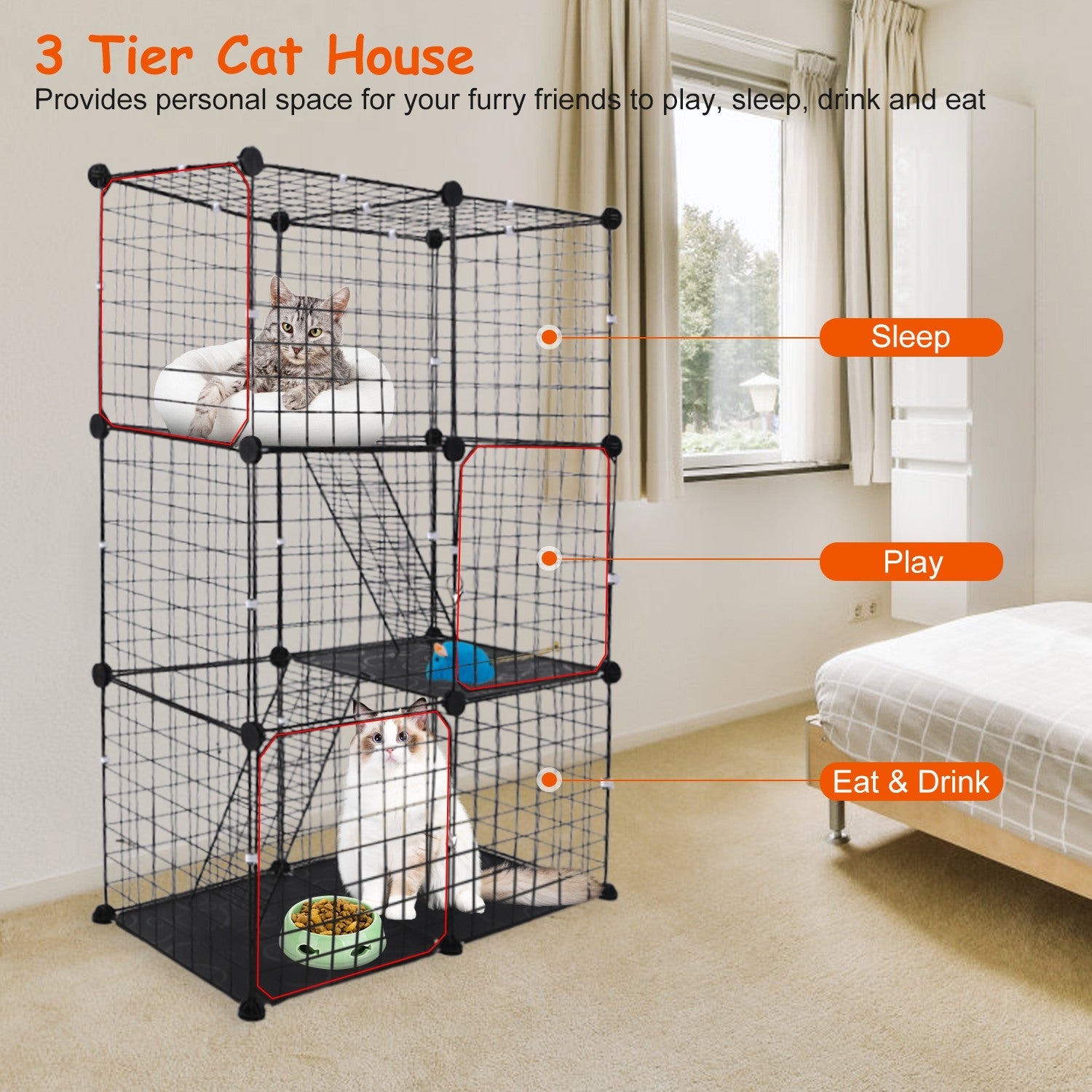 Cat Cage 3 Tier Indoor - Metal Playpen with Doors and Ladders