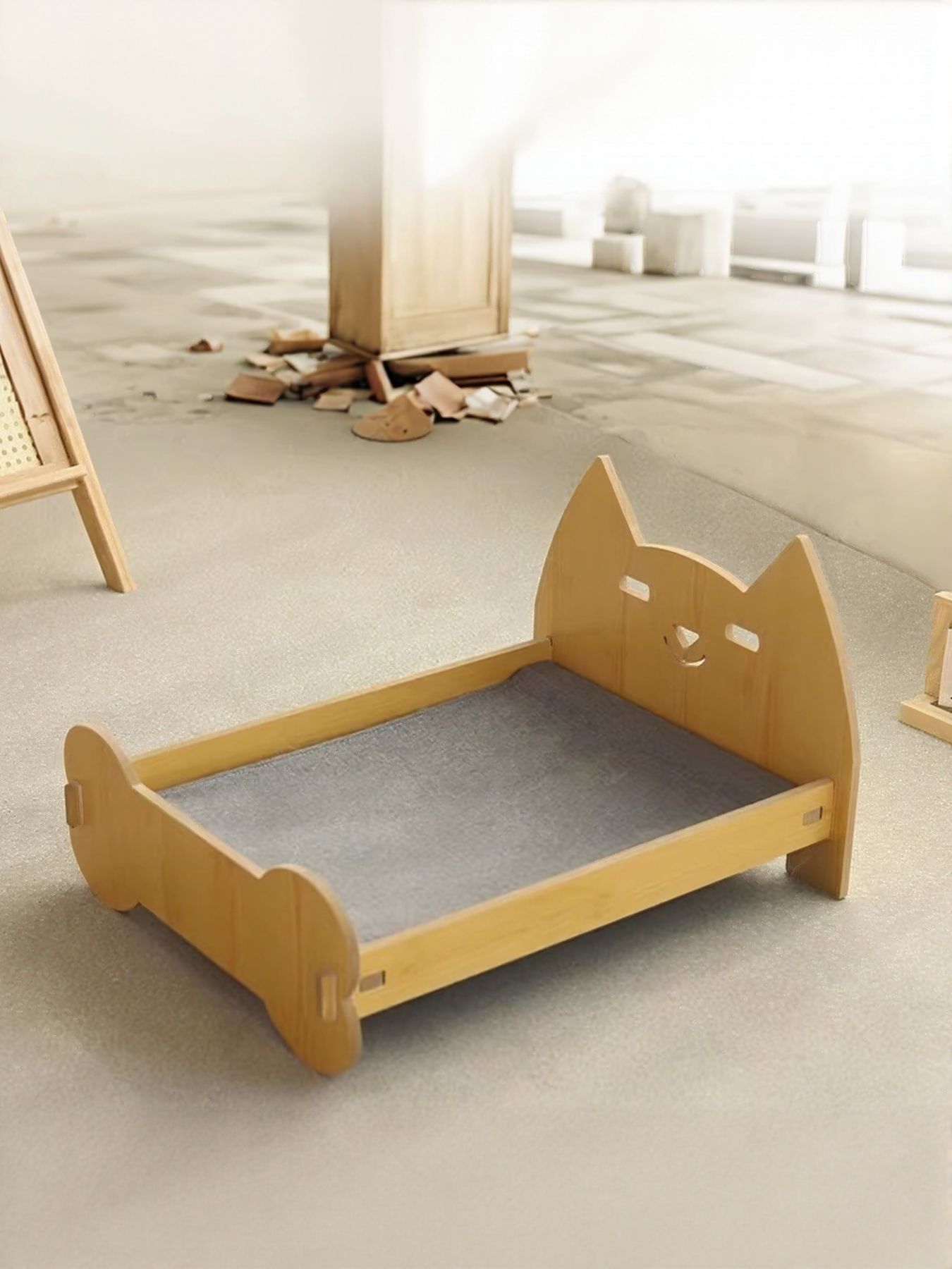 Wooden Pet Bed Frame - Miniature Bear Headboard with Bedding Set