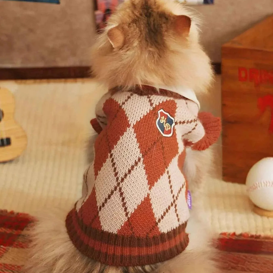 Argyle Pattern Pet Sweater - Stretchy Ruffled Top