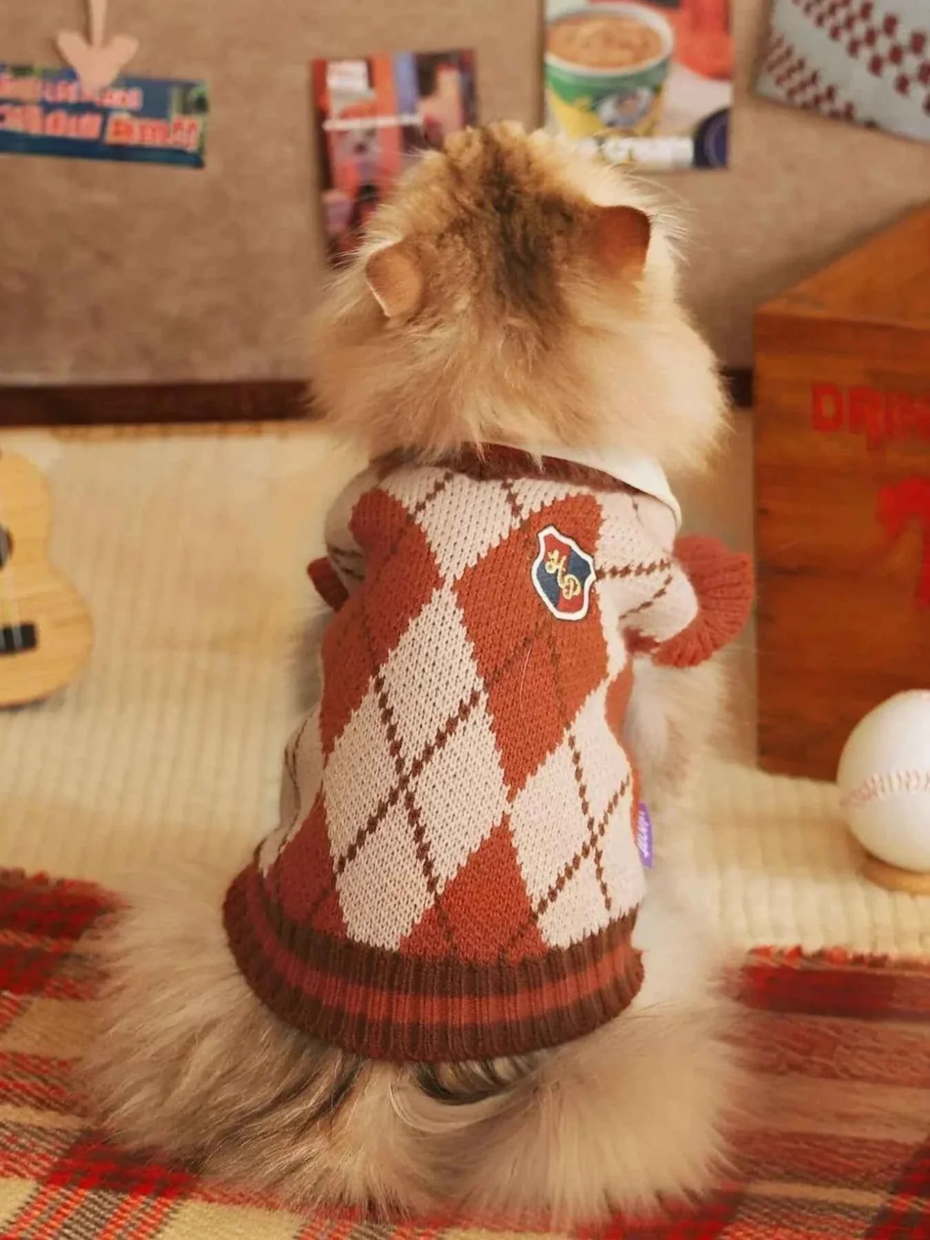 Argyle Pattern Pet Sweater - Stretchy Ruffled Top