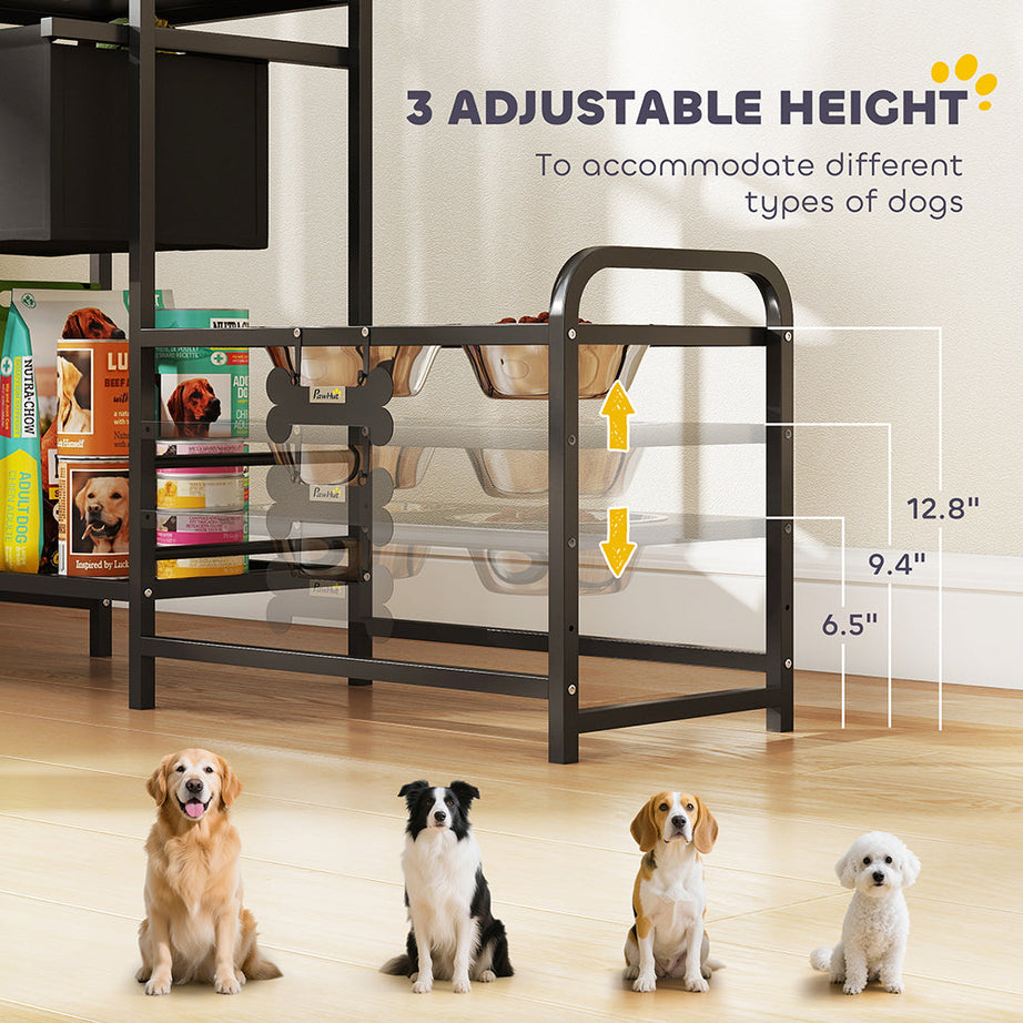 Dog Bowl Stand Dual Station - 4 Bowls 3 Heights Storage Bin
