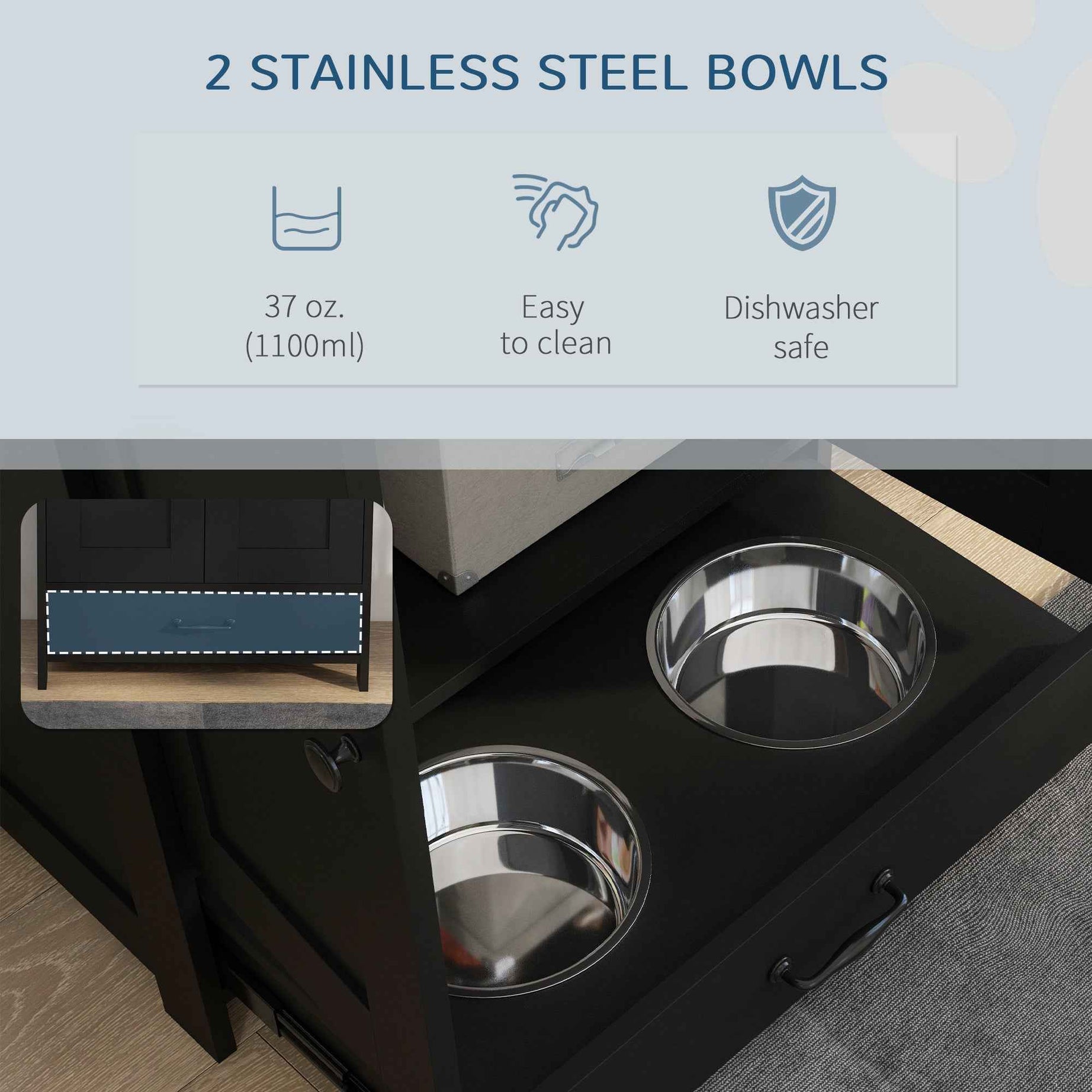 Dog Feeding Station Cabinet - Raised Bowls Storage and Hooks