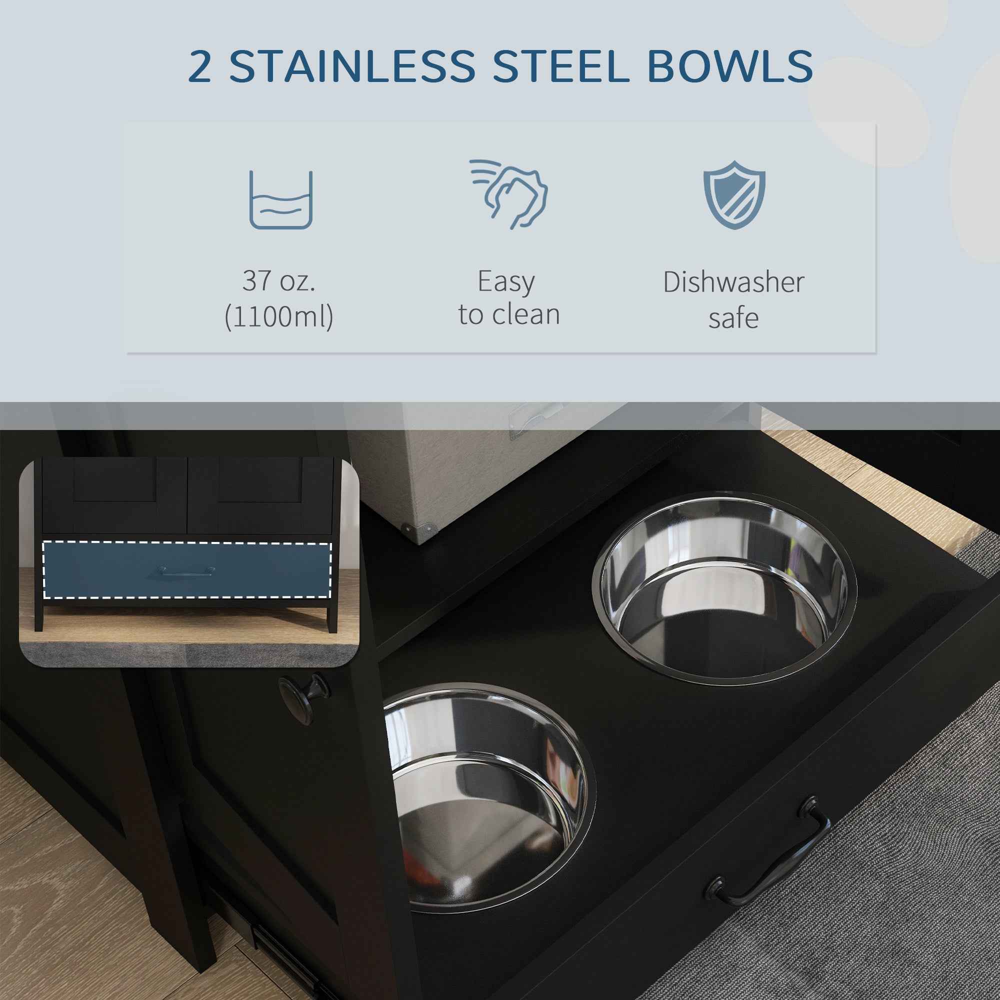 Dog Feeding Station Cabinet - Raised Bowls Storage and Hooks