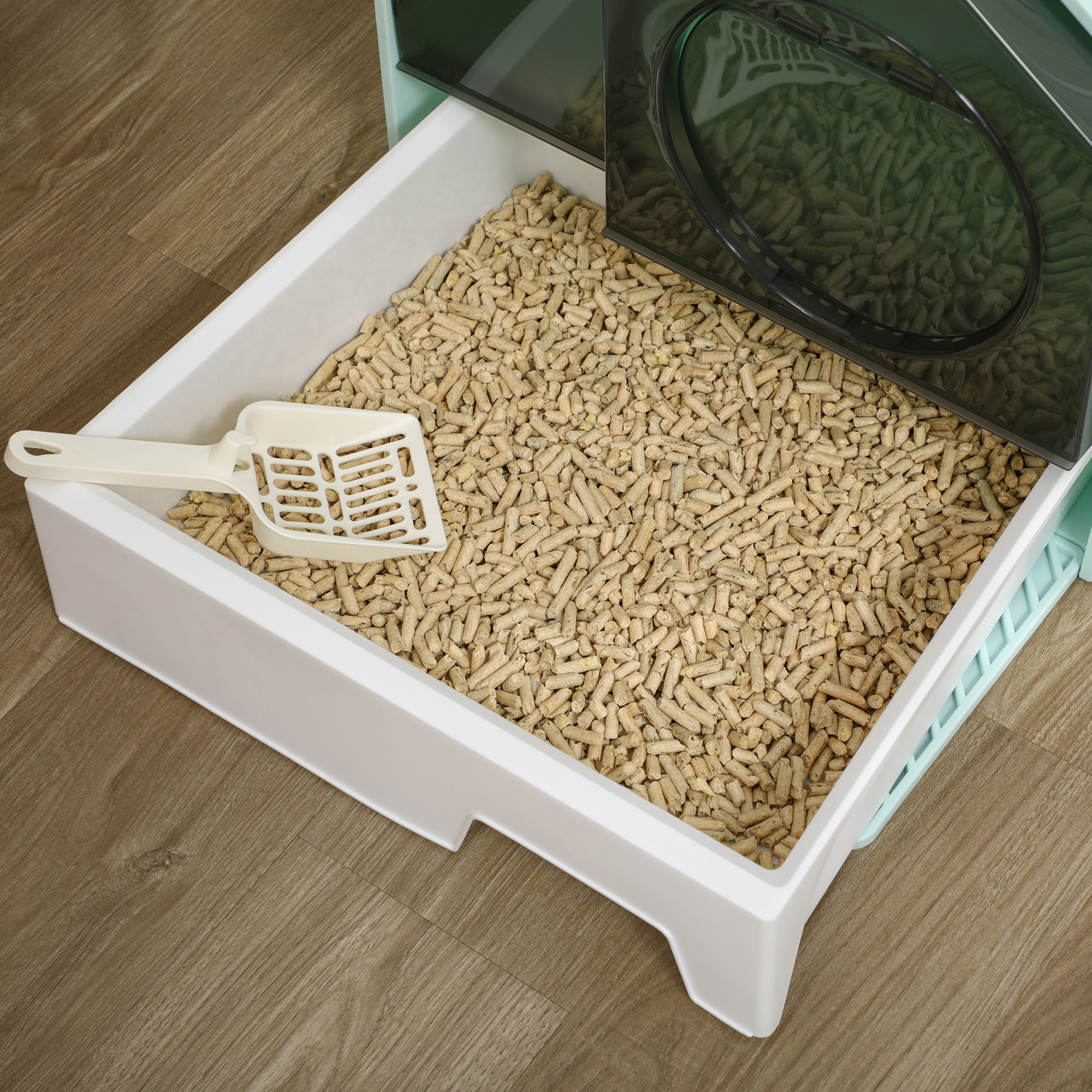 Cat Litter Box Hooded House - Drawer Clean Mat Scoop Included