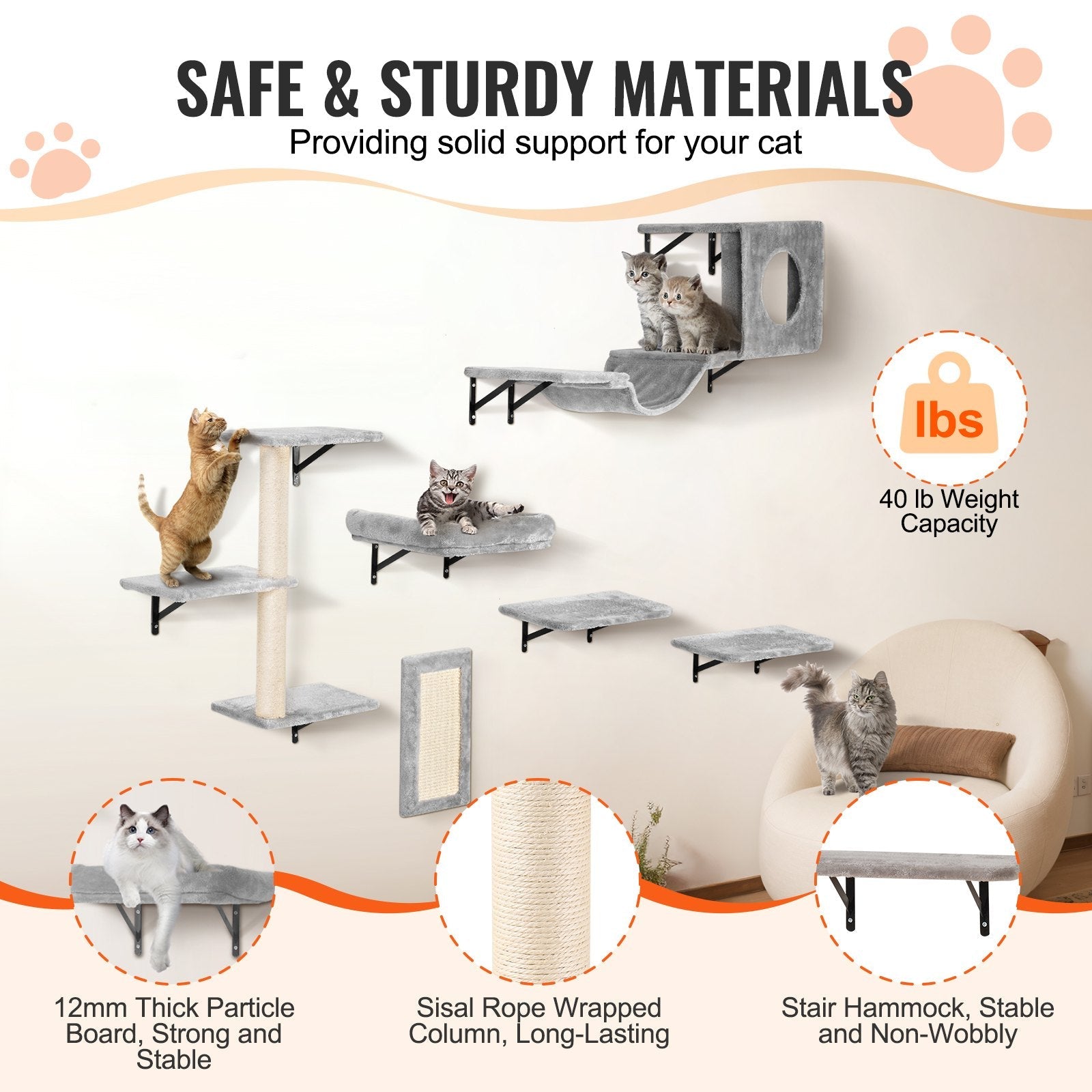 Wall-Mounted Cat Shelves & Climbing Tree Set with Hammock - 6 Pieces