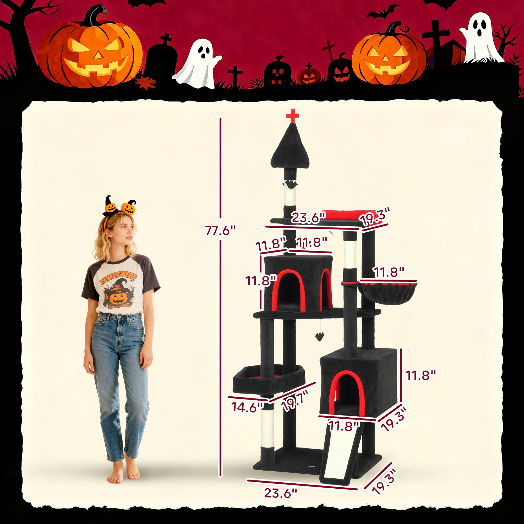 Gothic Cat Tree 78" - Castle Tower with Coffin Bed & Condos
