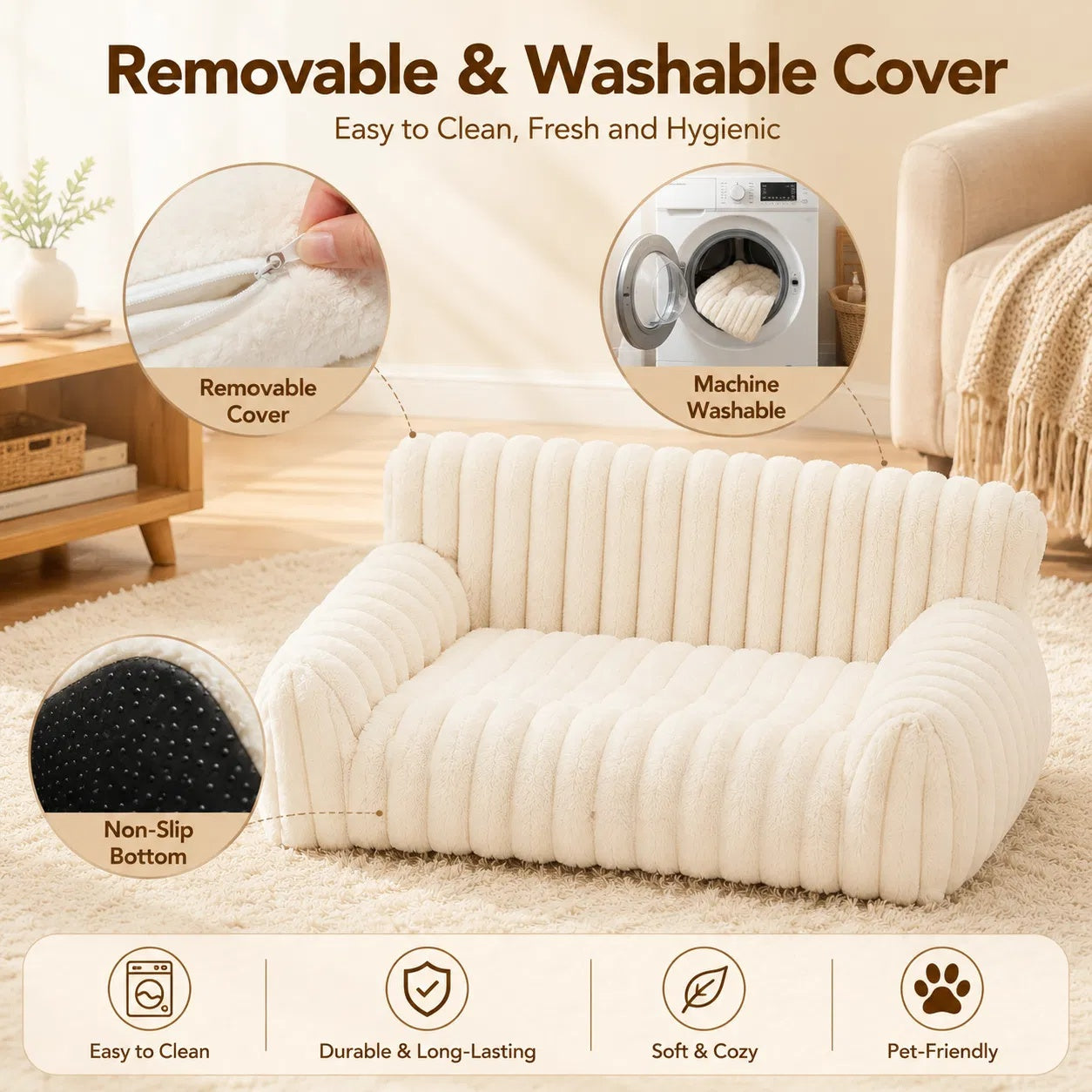 Small Pet Bolster Sofa Bed - Washable Plush Couch for Cats and Dogs