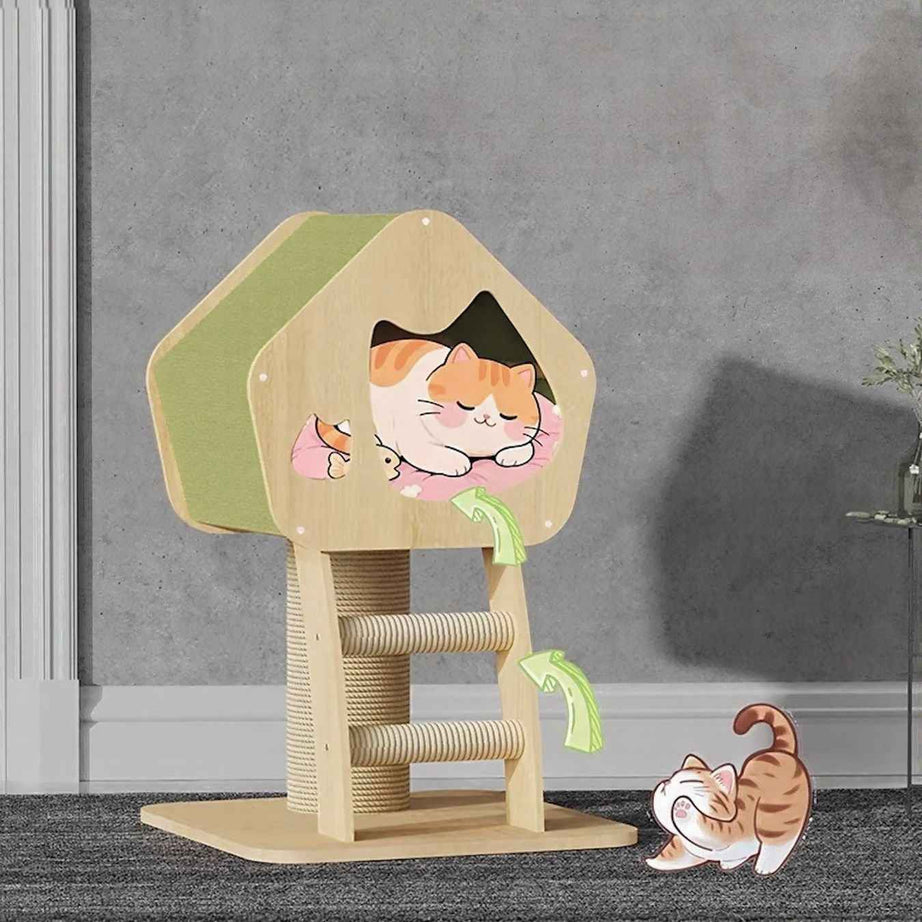 Cat Condo Wooden Tower - Modern Sisal Scratching Post 3 Styles