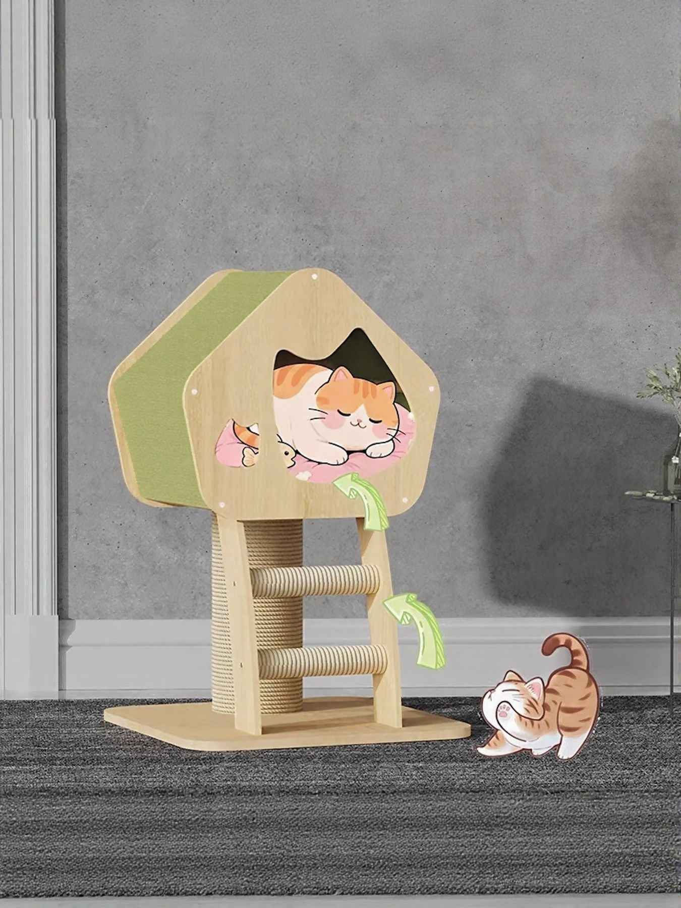 Cat Condo Wooden Tower - Modern Sisal Scratching Post 3 Styles