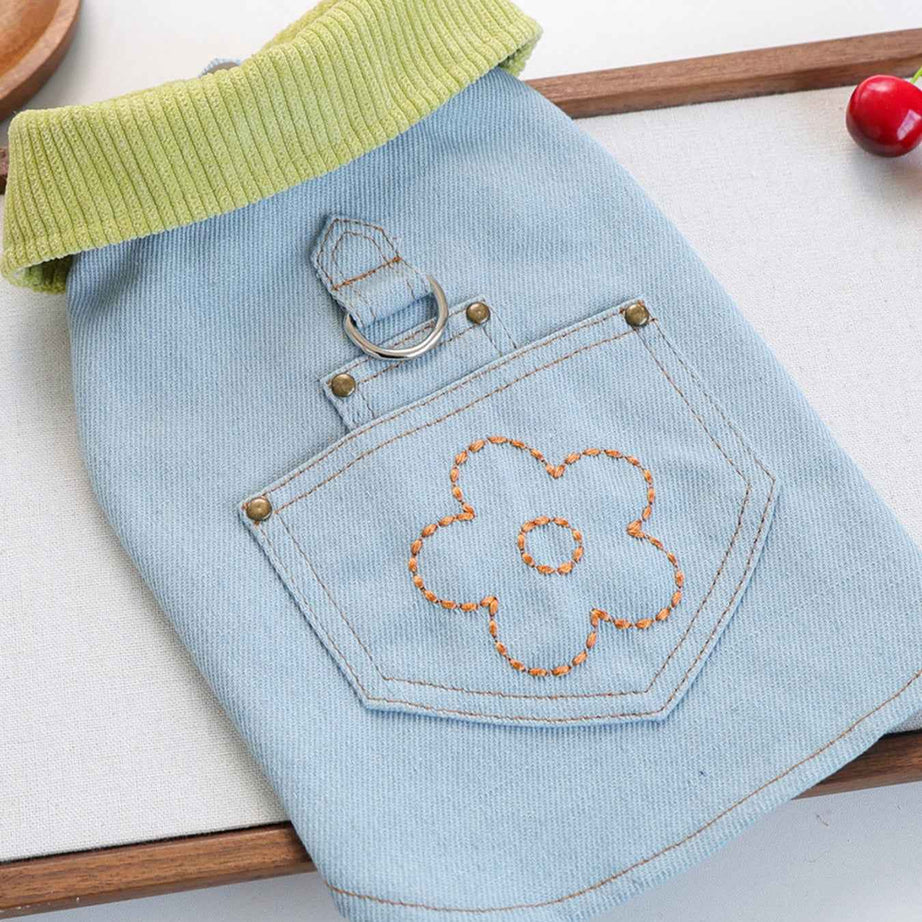 Dog Denim Flower Vest - Embroidered Pocket with Turtleneck Collar