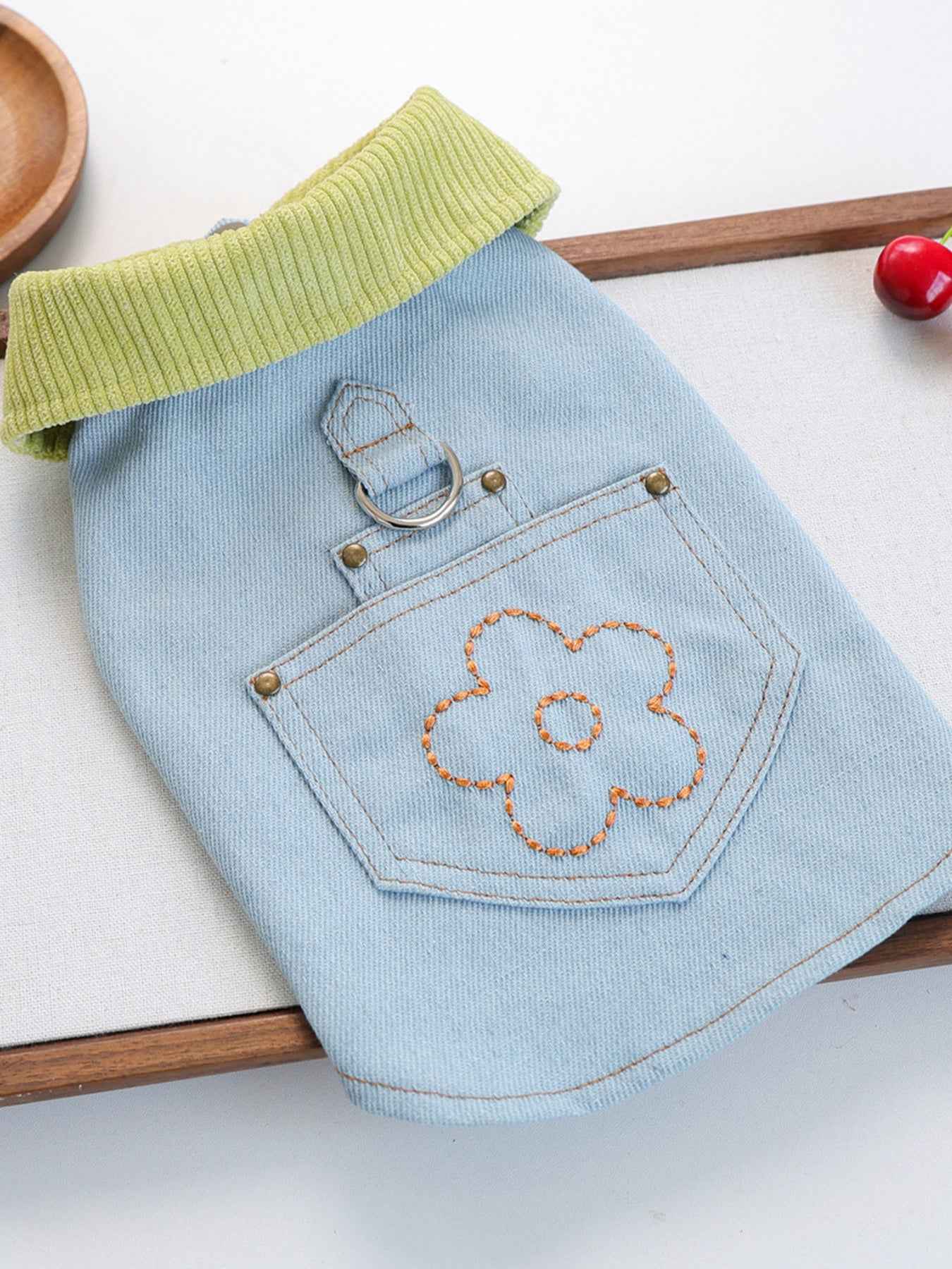 Dog Denim Flower Vest - Embroidered Pocket with Turtleneck Collar