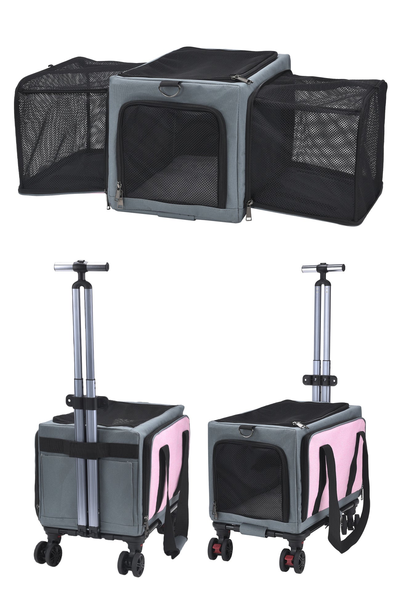 Rolling Pet Carrier with Wheels - 3-Sided Expandable Travel Bag Cats Dogs