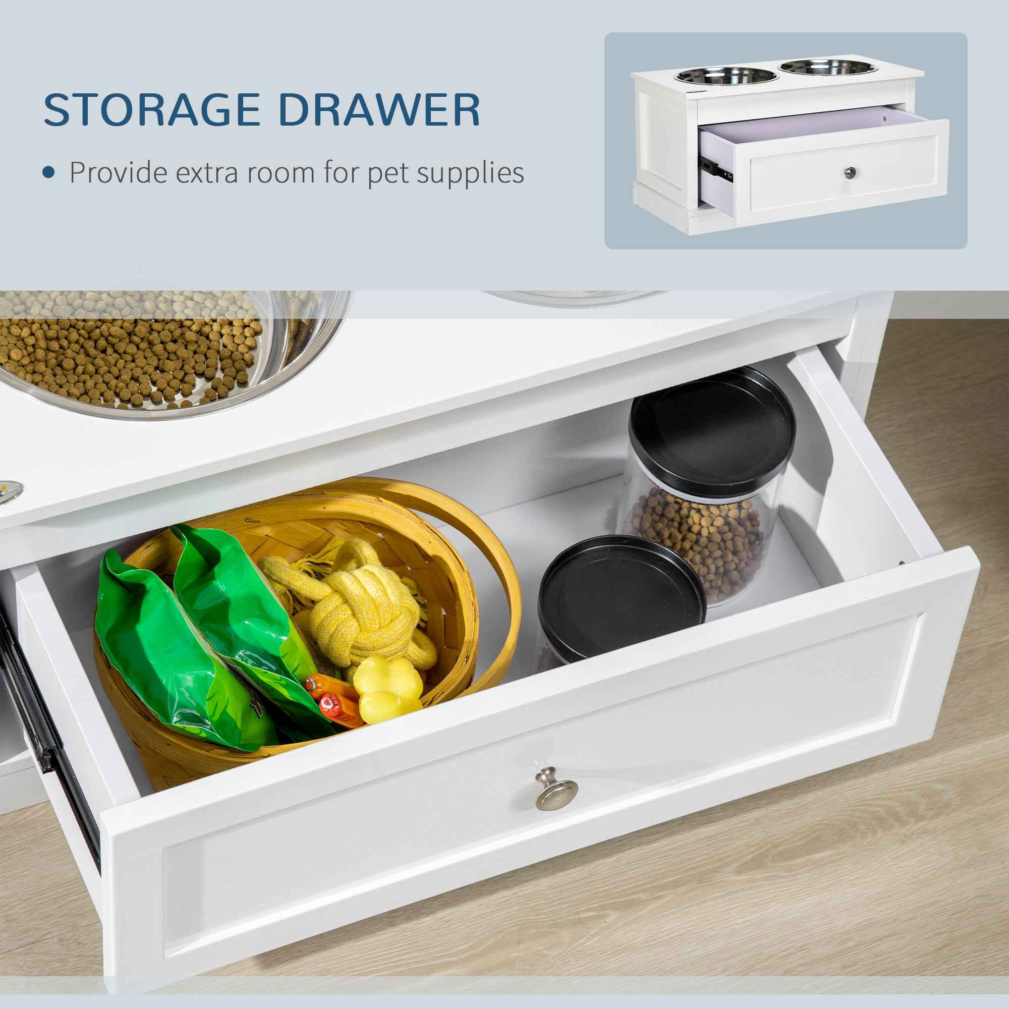 Elevated Dog Feeding Station with 11L Storage Drawer & Raised Bowls (White)
