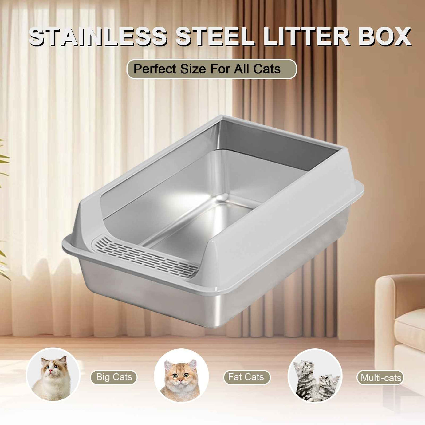 Cat Litter Box Oversized Stainless Steel - Semi-Enclosed Splash-Proof