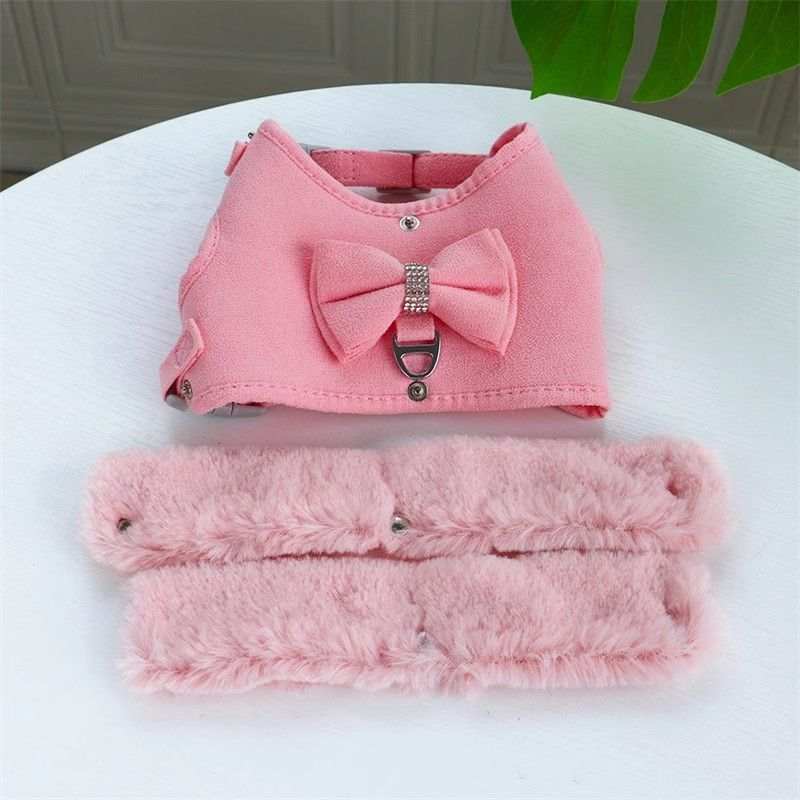 Warm Fur Collar Soft Padded Small Girl Pet Harness and Leash Set with Bow Tie