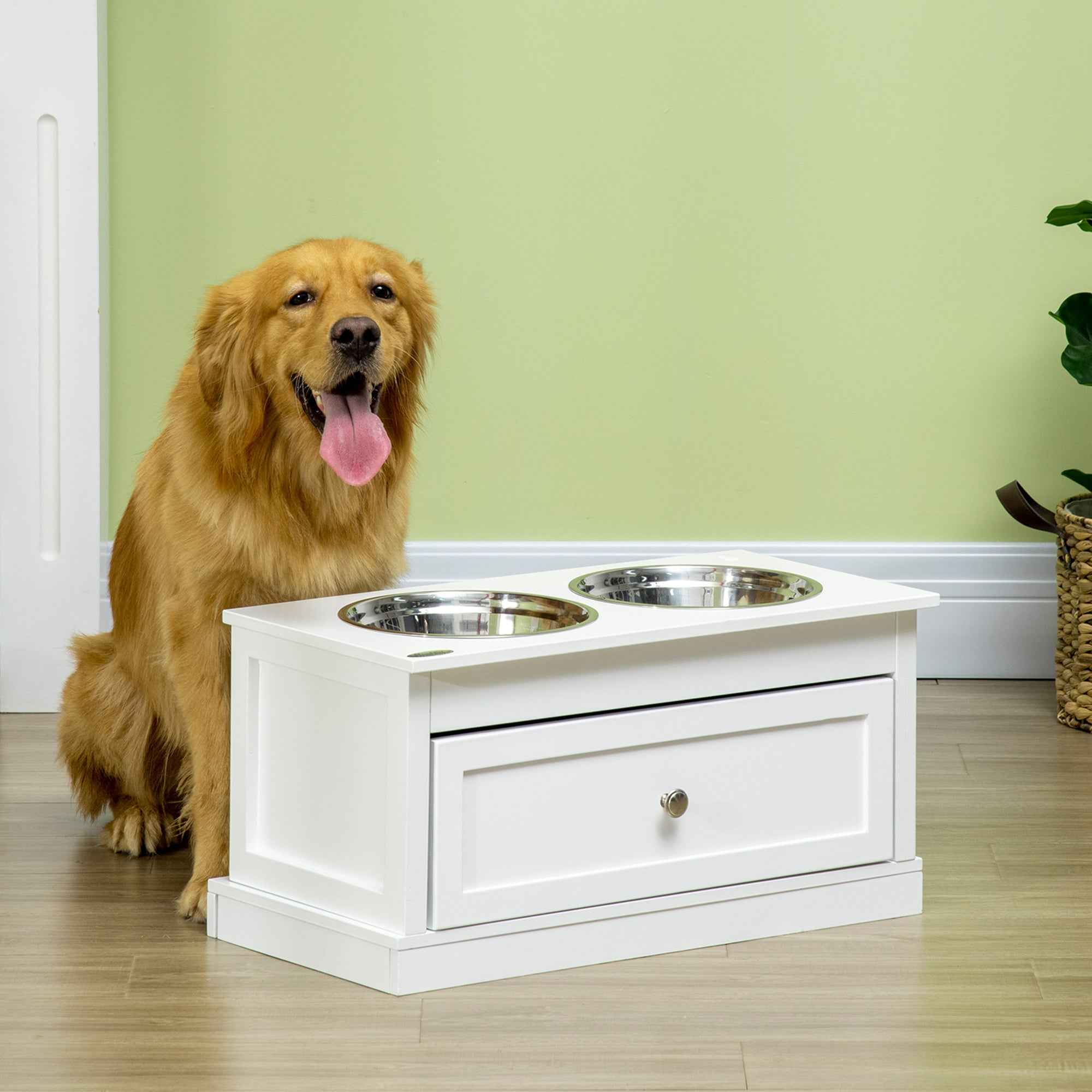 Elevated Dog Feeding Station with 11L Storage Drawer & Raised Bowls (White)