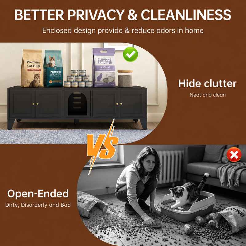 Cat Litter Box Enclosure - 58 Inch Hidden TV Stand Cabinet for 2 Cats
