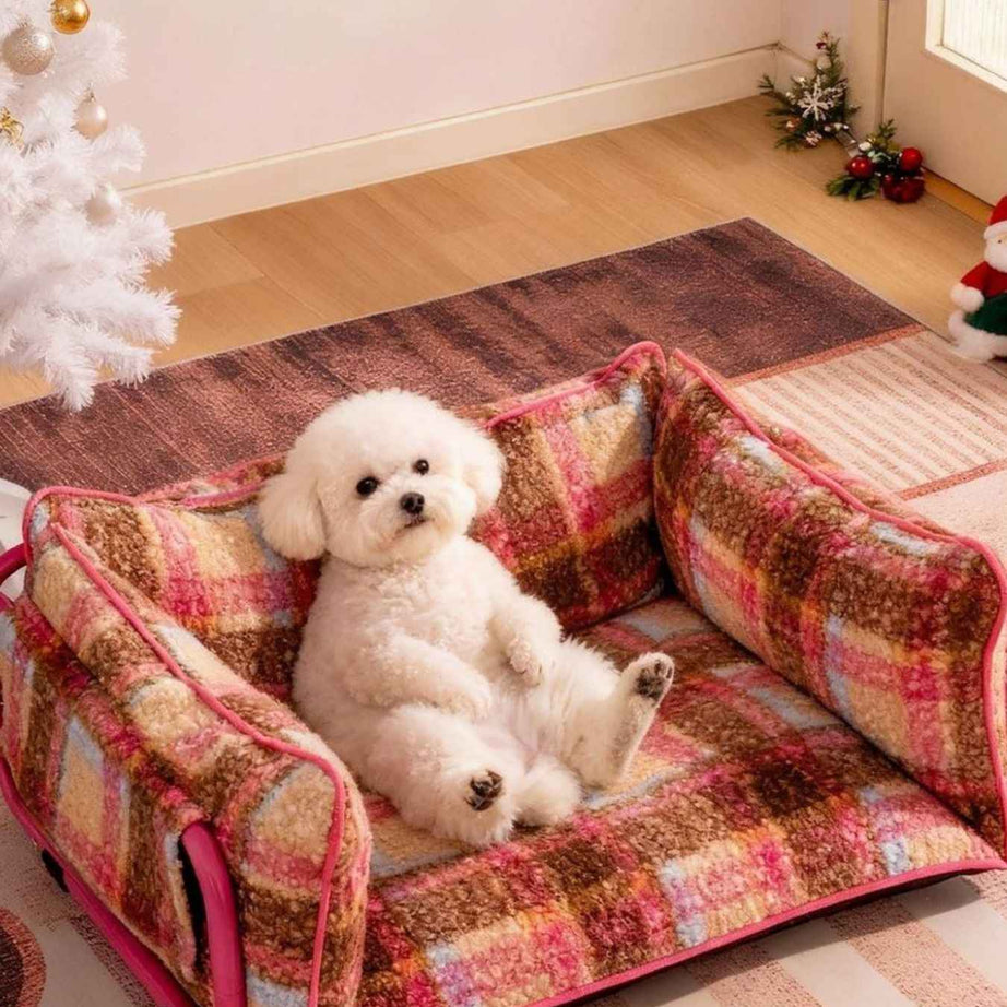 Pet Plaid Sofa Bed Plush - Foldable Couch for Cats and Dogs