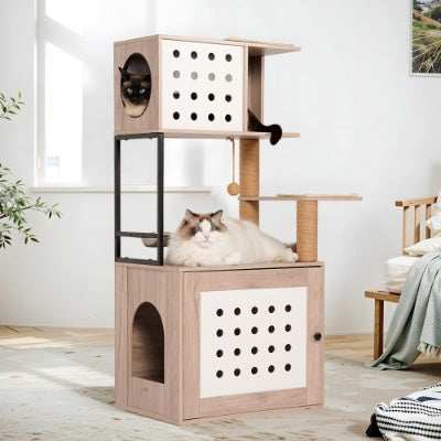 Cat Tree Litter Box Enclosure with Large Hammock