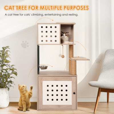 Cat Tree Litter Box Enclosure with Large Hammock