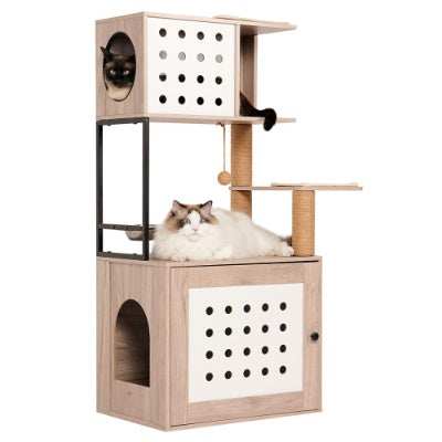 Cat Tree Litter Box Enclosure with Large Hammock