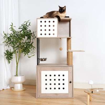 Cat Tree Litter Box Enclosure with Large Hammock