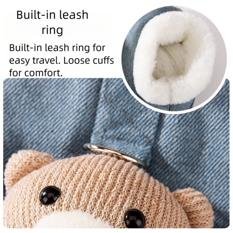 Teddy Bear Denim Vest - Dog Winter Coat with Plush Toy