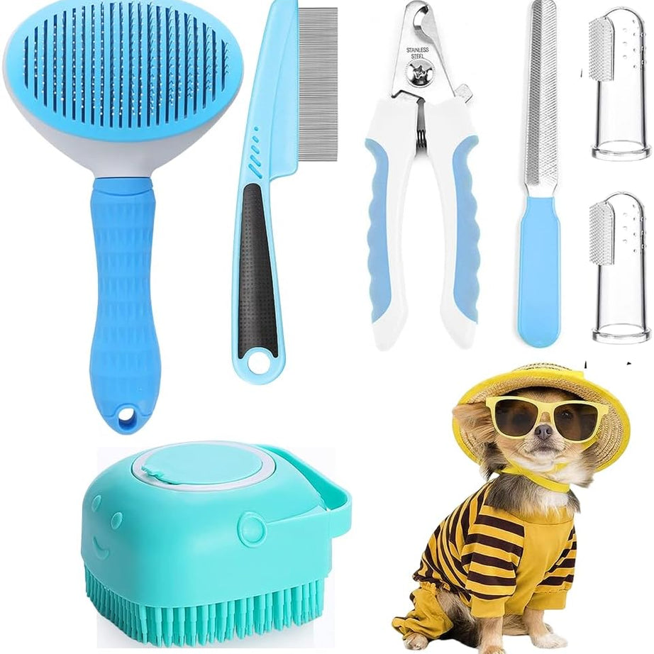 Pet Grooming Kit 7-in-1 - Self-Cleaning Brush Nail Clipper