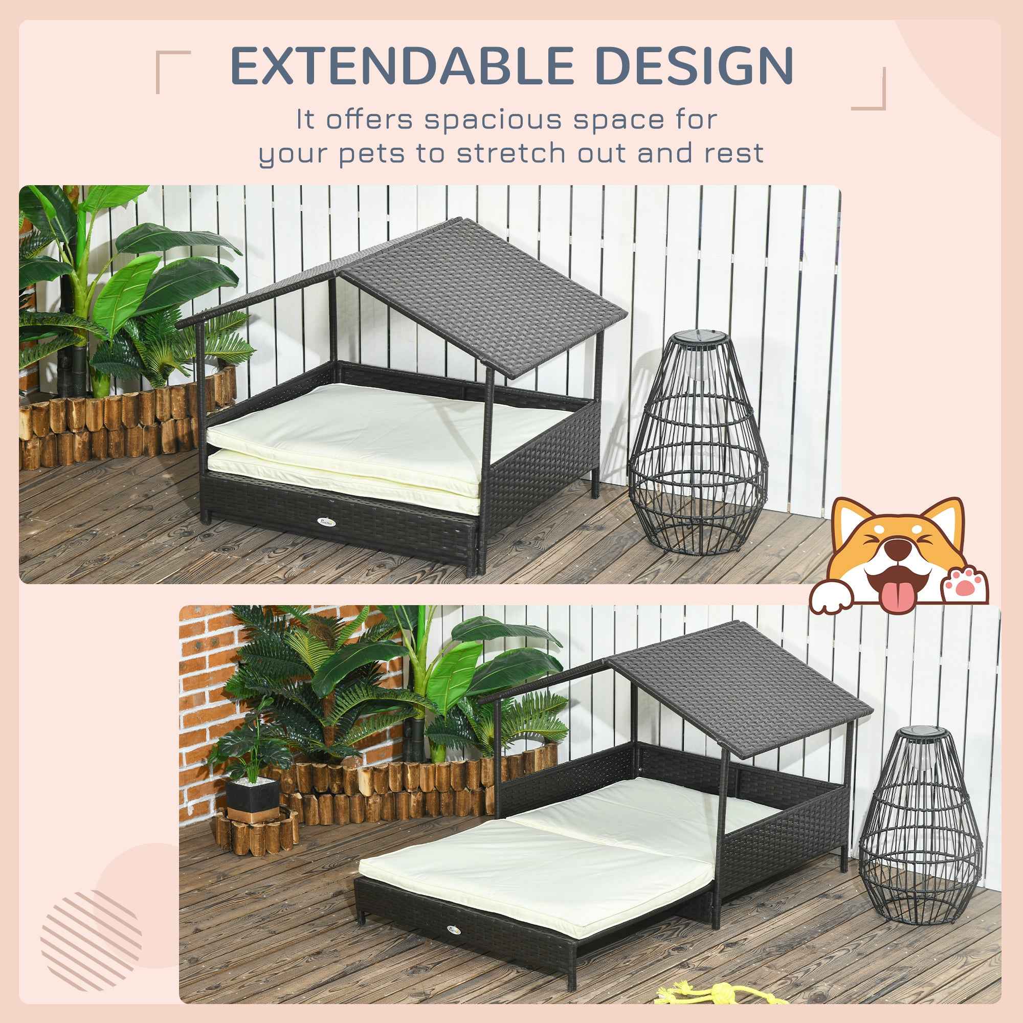 Dog Bed Outdoor Wicker - Waterproof Roof Extendable