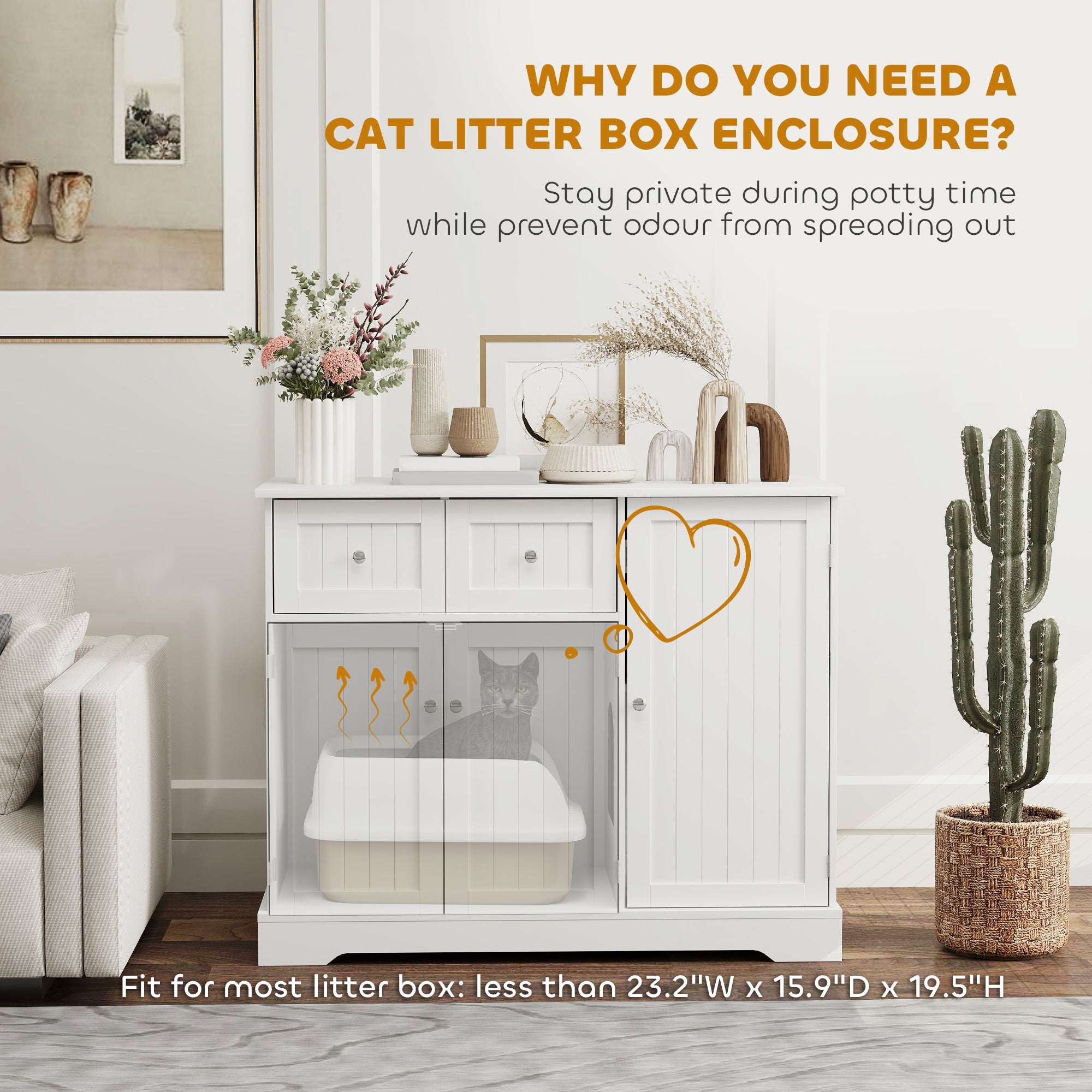 White Cat Litter Box Enclosure - Drawers and Storage