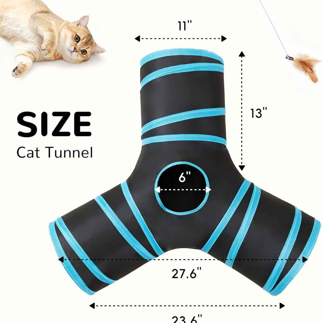 Cat Tunnel Toy 3-Way Collapsible - Peek Holes Teaser Wand Indoor Play