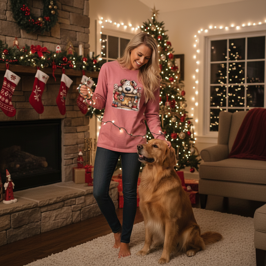 Comfort Colors Christmas Mantel Pup Long-Sleeve Shirt