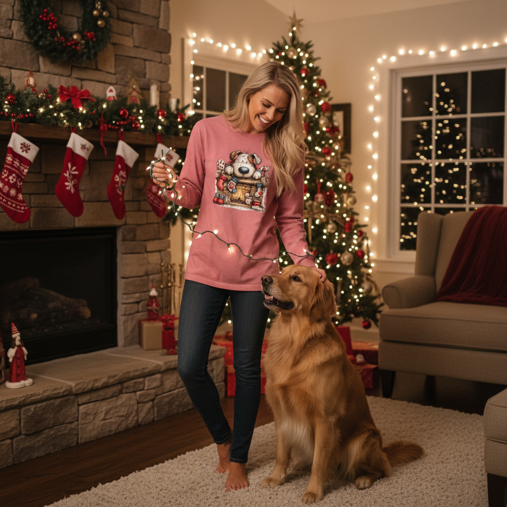 Comfort Colors Christmas Mantel Pup Long-Sleeve Shirt