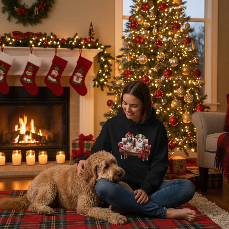 Christmas Hoodie - Festive Puppies on Sofa Design