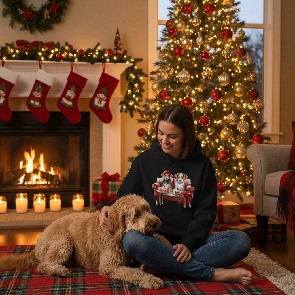 Christmas Hoodie - Festive Puppies on Sofa Design