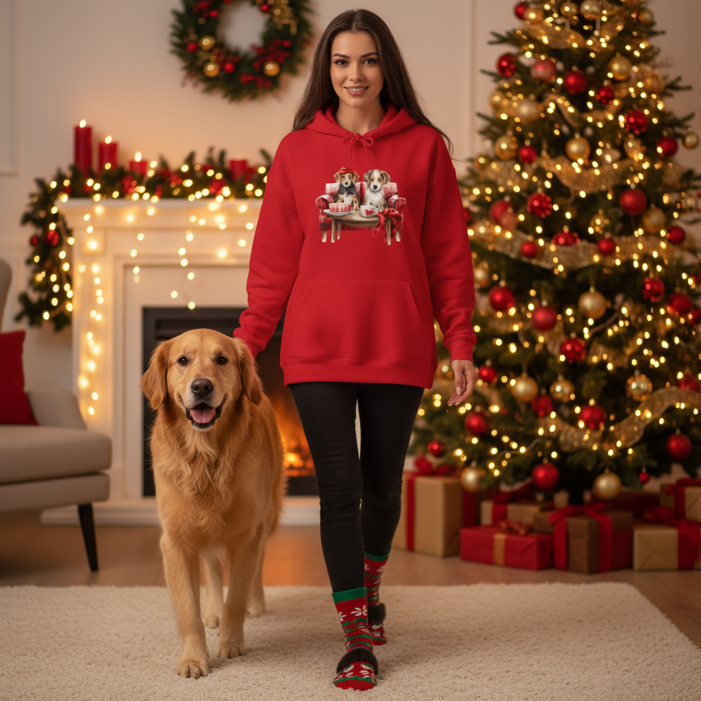 Christmas Hoodie - Festive Puppies on Sofa Design