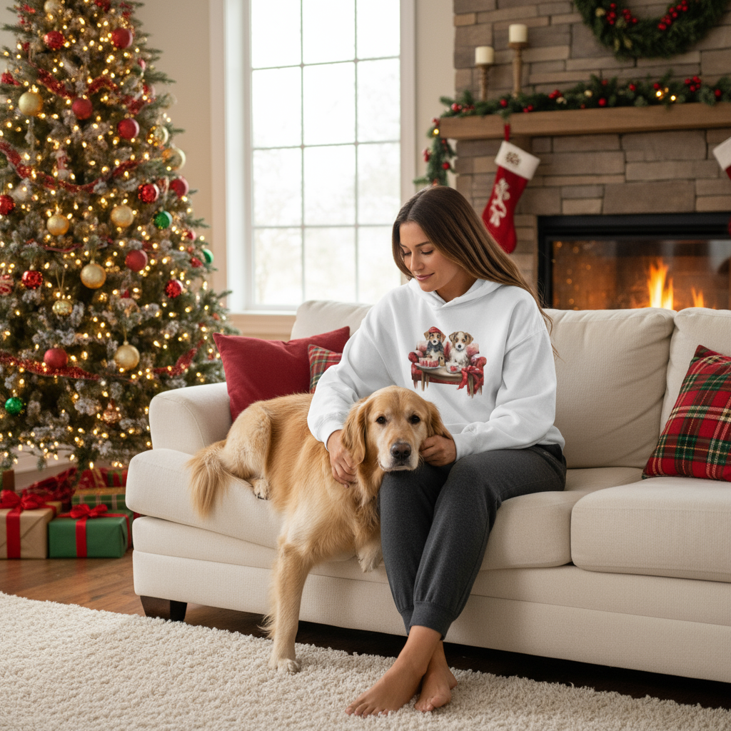 Christmas Hoodie - Festive Puppies on Sofa Design