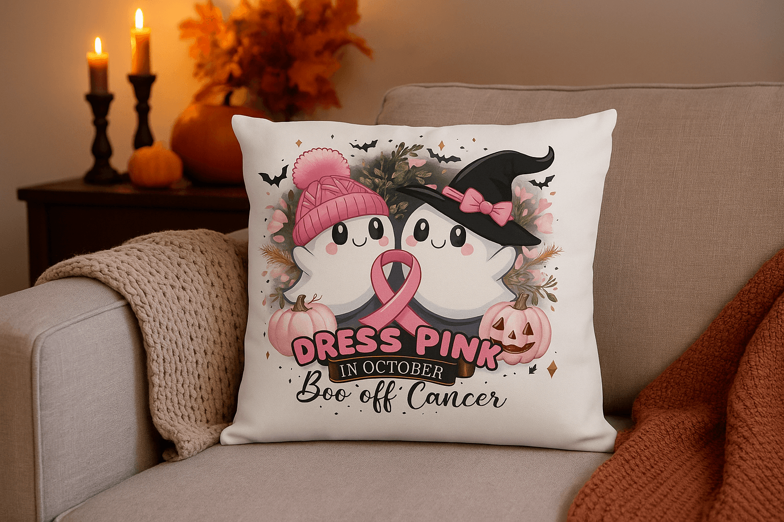 Breast Cancer Awareness Halloween Pillow - Boo Off Cancer