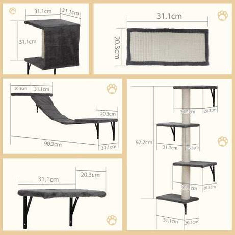 5-Piece Wall-Mounted Cat Tree - Multi-Level Indoor Furniture with Scratch Boards