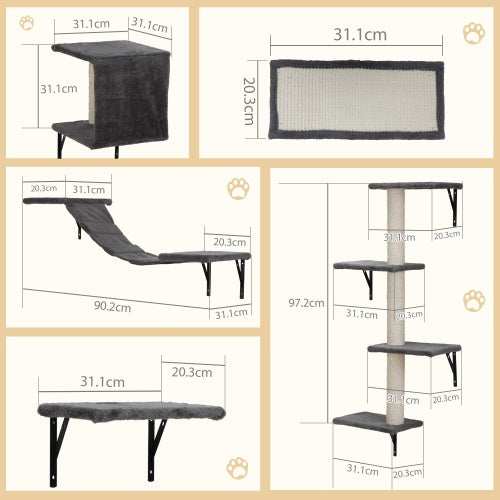 5-Piece Wall-Mounted Cat Tree - Multi-Level Indoor Furniture with Scratch Boards