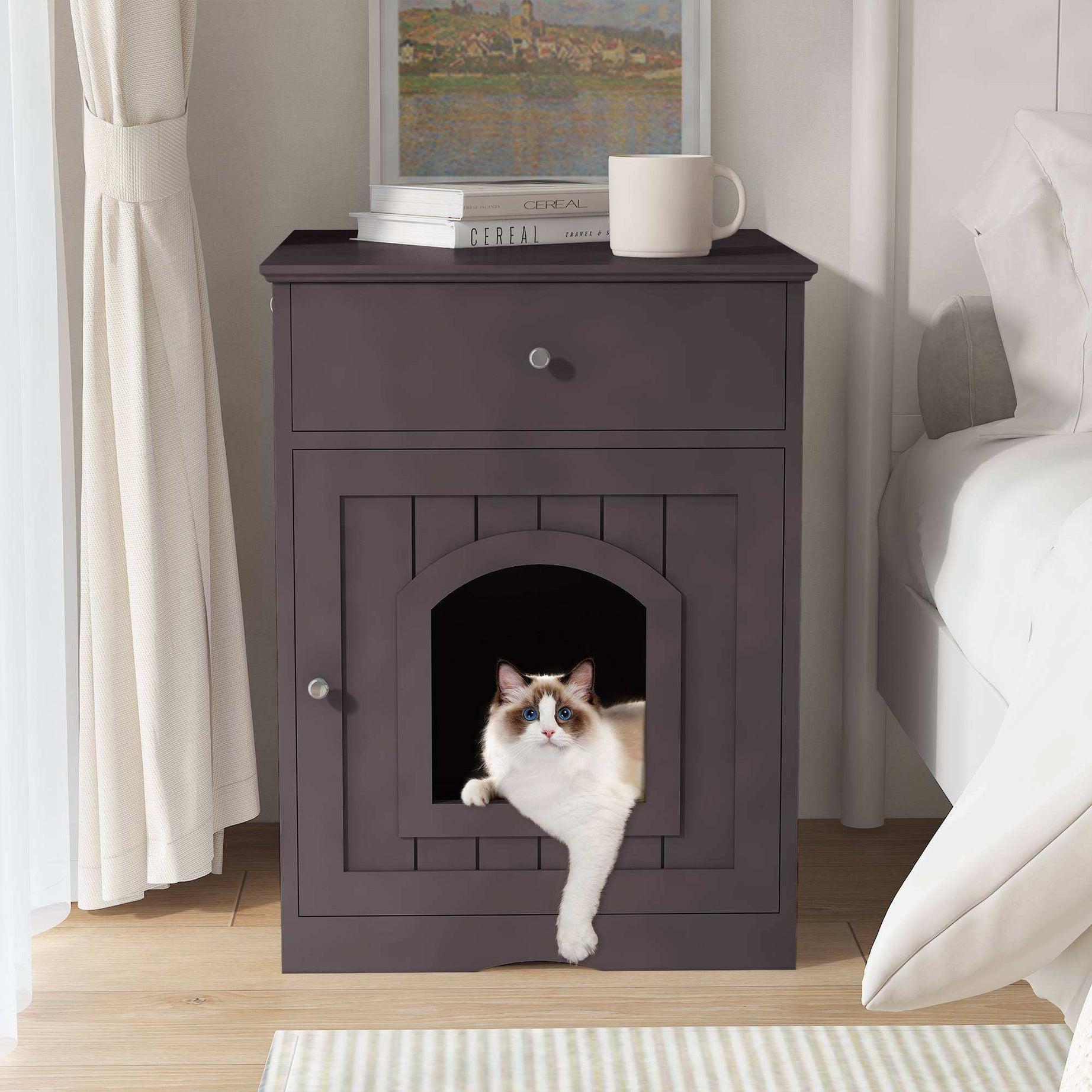 Wefulfil wooden cat litter box enclosure with Drawer & Scoop