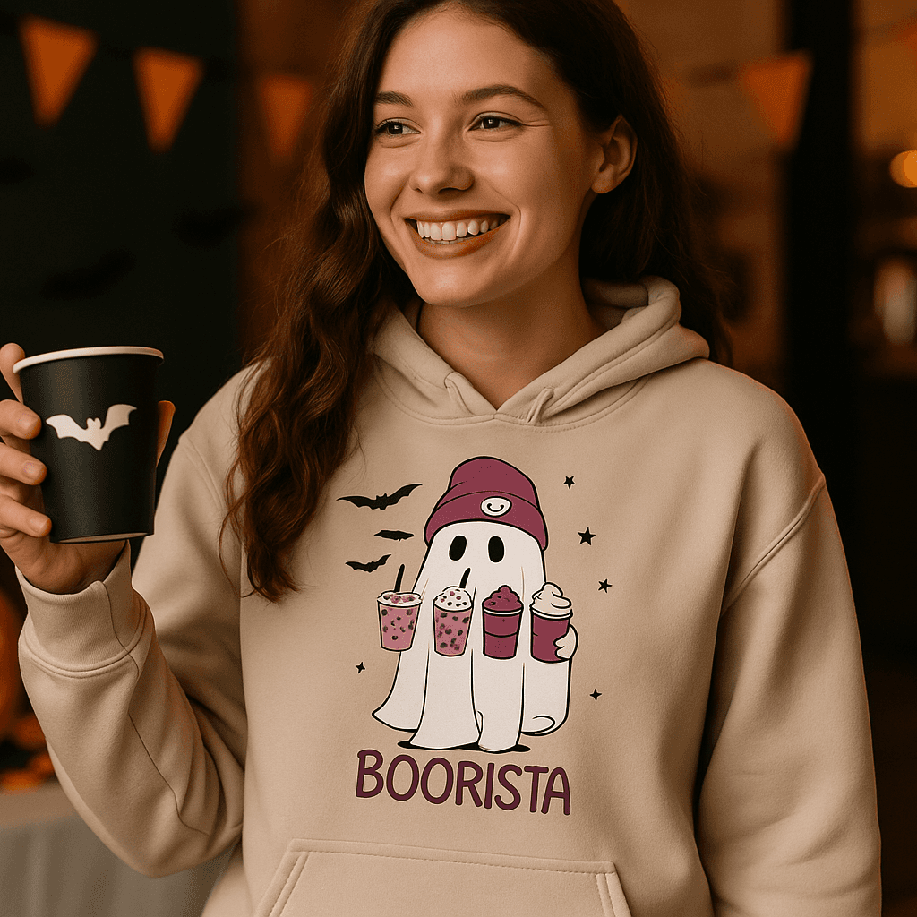 Cute Ghost Boorista Hoodie Sweatshirt - Coffee Halloween Style