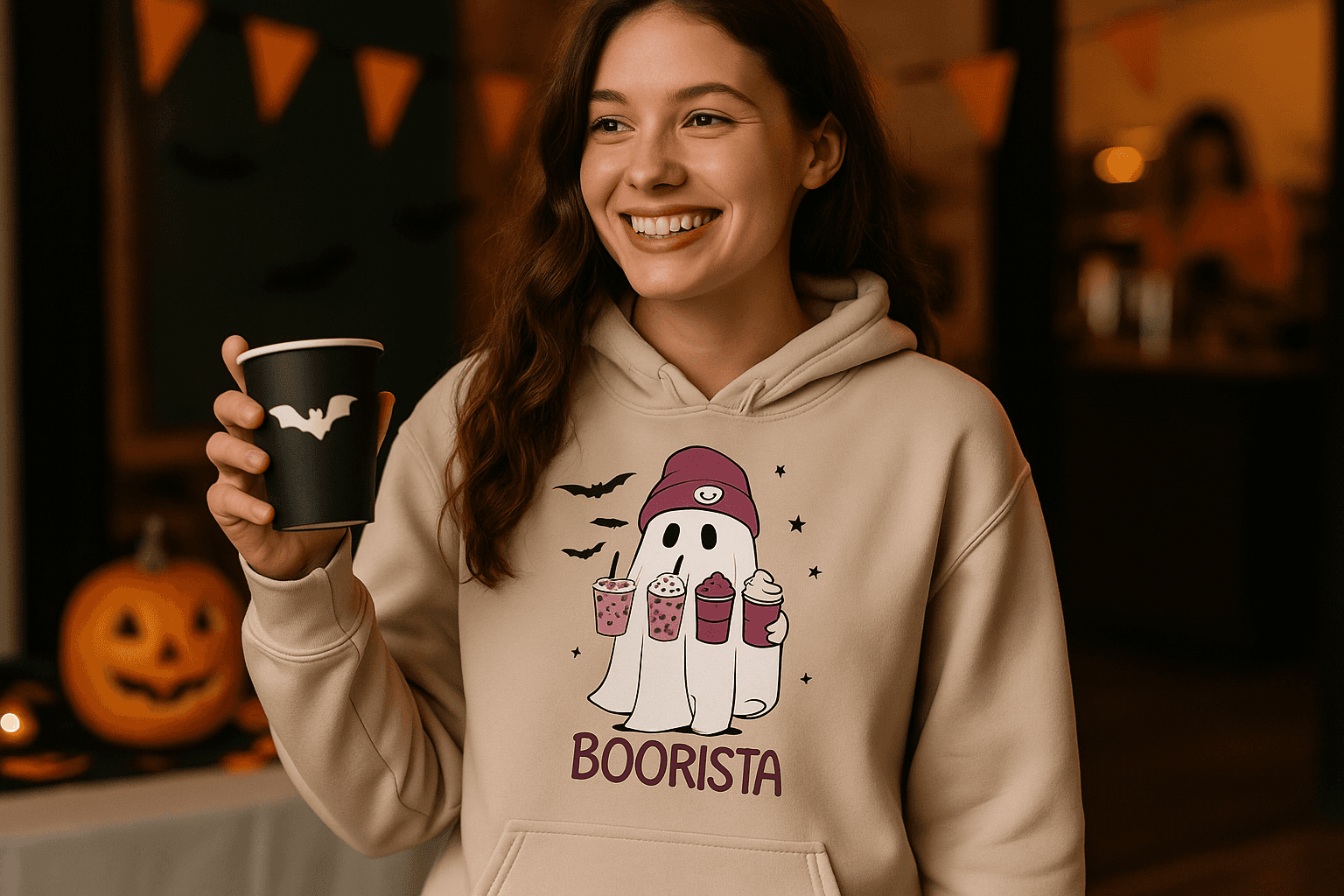 Cute Ghost Boorista Hoodie Sweatshirt - Coffee Halloween Style